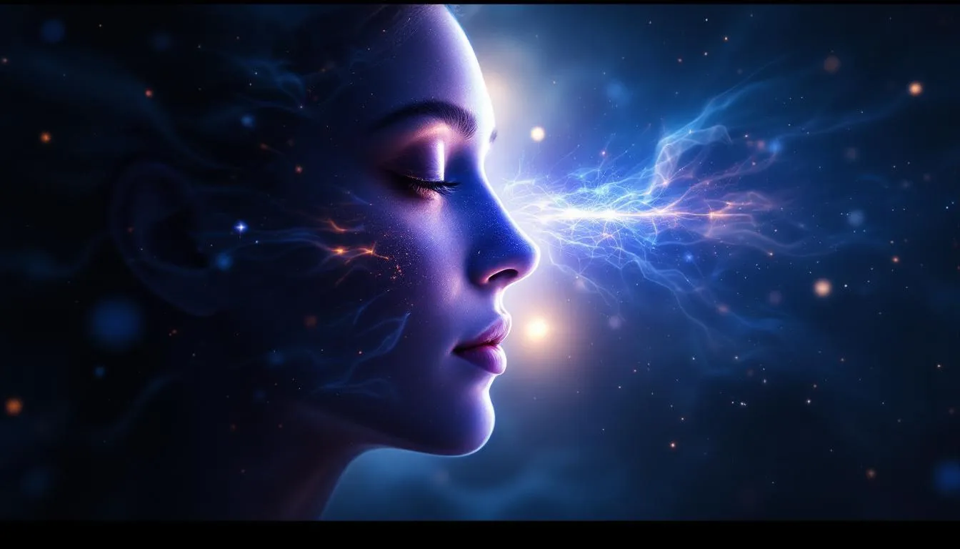 The image depicts the third eye chakra, symbolizing intuition and spiritual insight, located between the eyebrows. Surrounding it are various healing crystals, like clear quartz and blue lace agate, which are believed to enhance spiritual awareness and emotional healing, promoting mental clarity and personal growth.