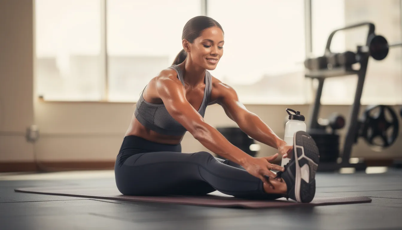 An athletic person is seen stretching in a relaxed recovery pose after exercise, embodying the benefits of infrared sauna therapy for muscle recovery and overall well-being. The image highlights the importance of post-workout relaxation, which can enhance blood circulation and support the body's natural healing processes.
