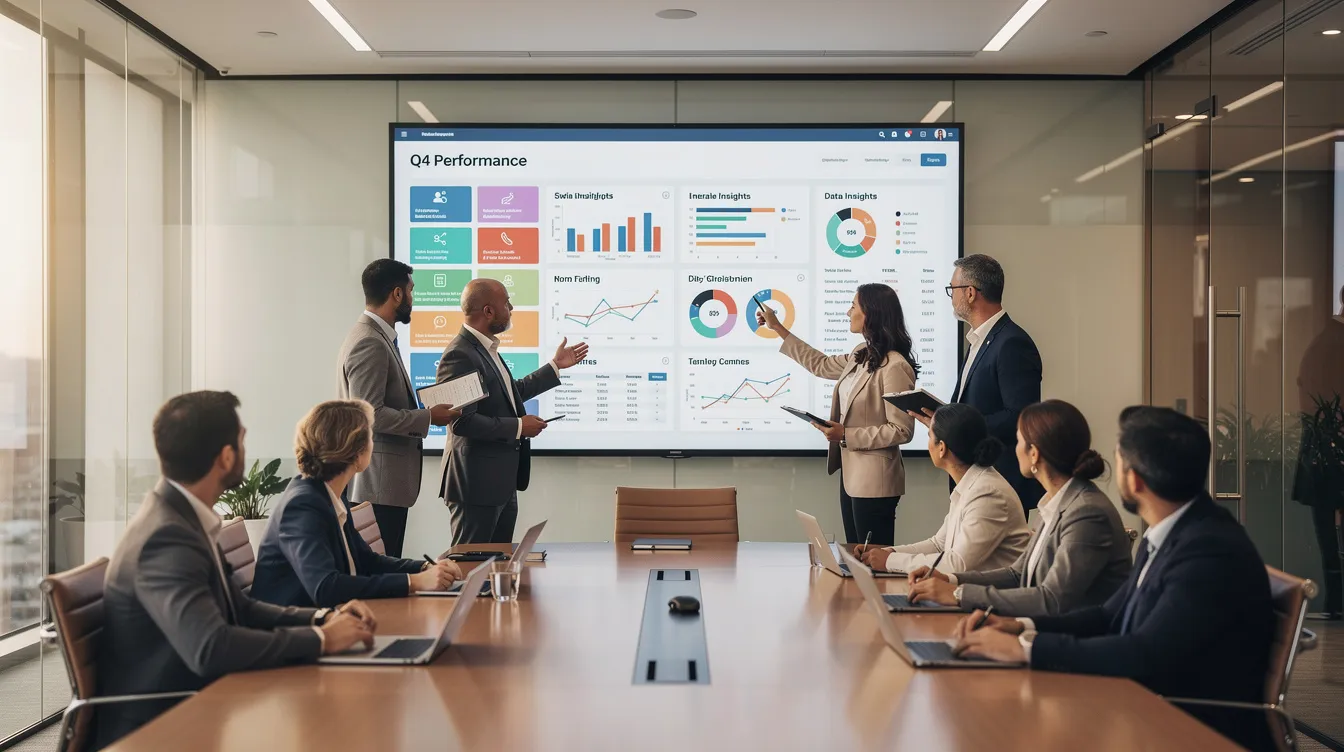 A diverse group of professionals is gathered in a meeting room, actively reviewing data displayed on a large screen. They are collaborating effectively, likely discussing insights related to business data and productivity tools, essential for making informed decisions in their organization.