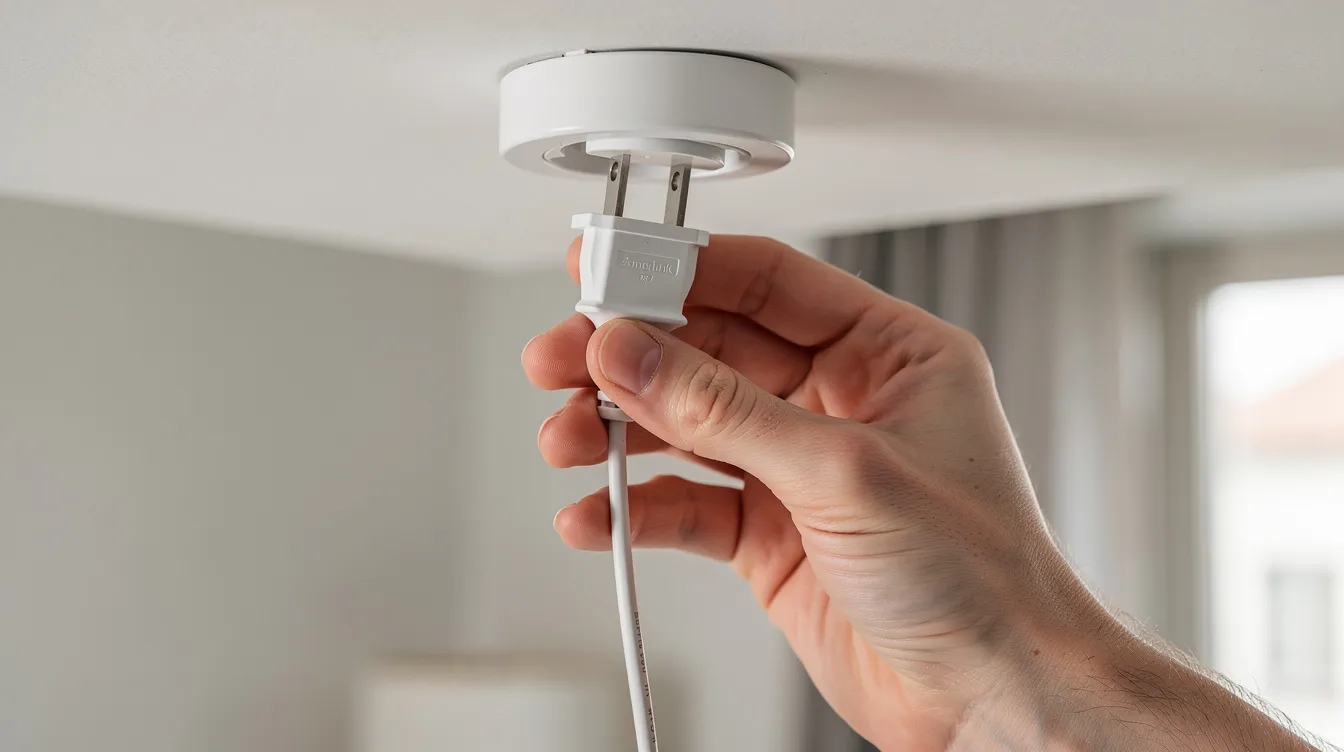 En närbild visar en hand som kopplar in en lamppropp i ett dcl uttag i taket i ett ljust rum. Lampkontakten är av standardtyp och används för att ansluta taklampan, vilket gör det enkelt att få belysning i rummet.