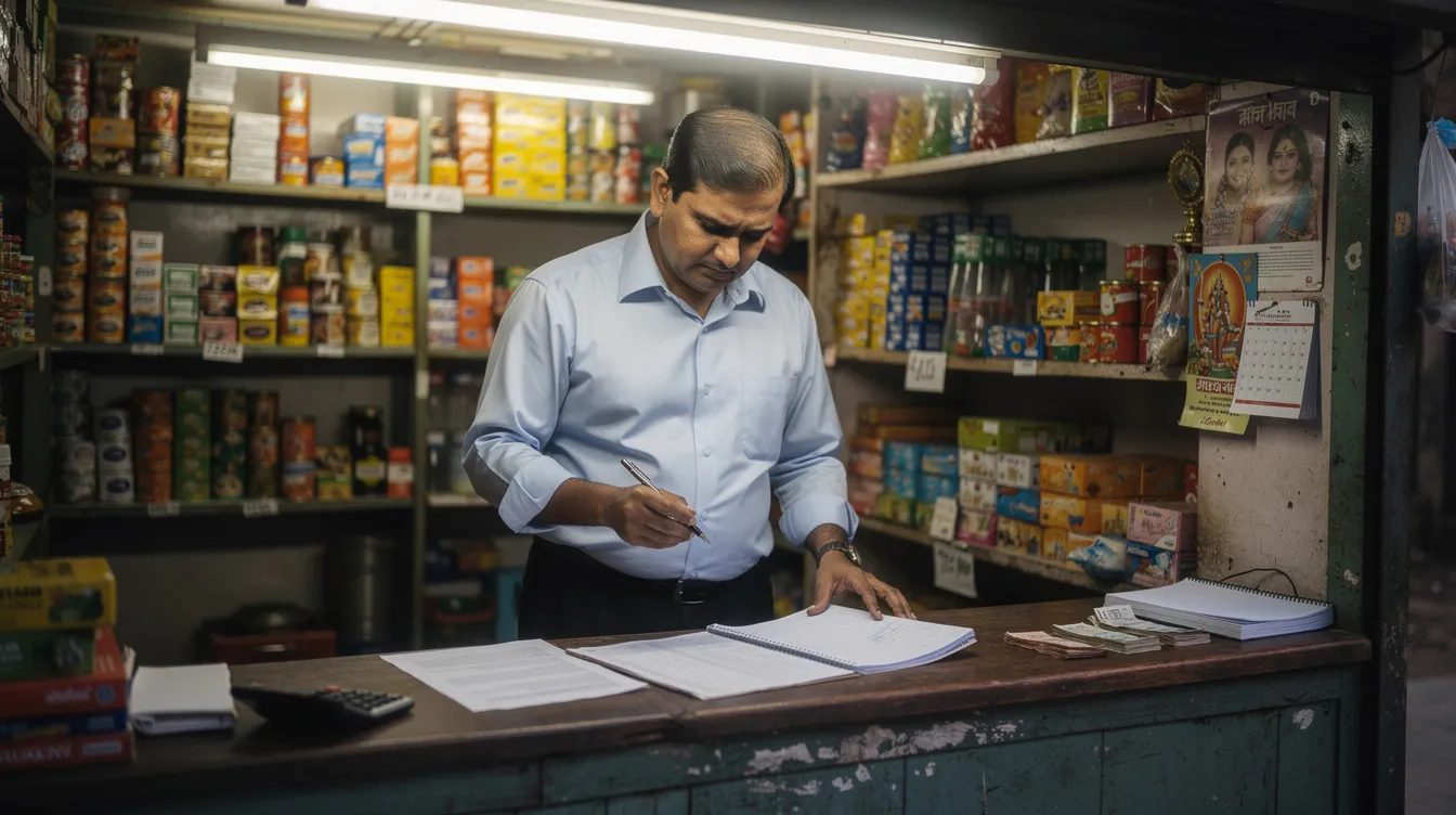 aae48133 14ab 4358 888b d9a8c6090b59 An Indian entrepreneur is seen thoughtfully reviewing financial documents at a small shop counter, reflecting on his business operations and potential funding options through programs like the Pradhan Mantri Mudra Yojana, which supports micro and small businesses in India. The scene highlights the importance of financial assistance and a satisfactory credit track record for successful loan repayment and growth in the entrepreneurial landscape.