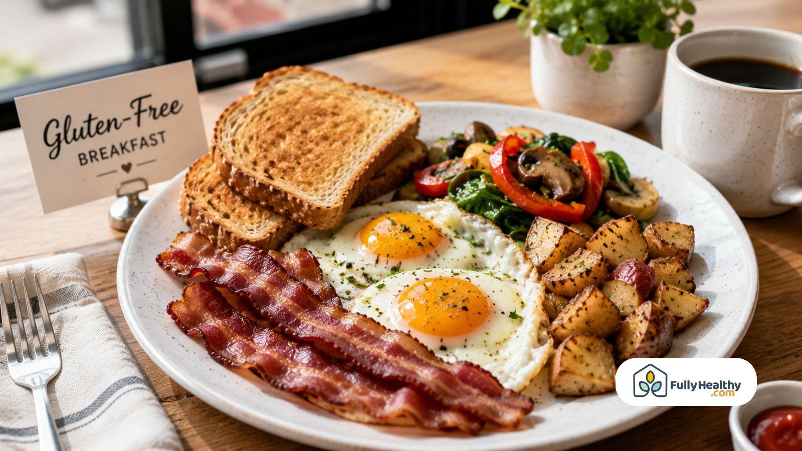 Gluten free breakfast with bacon eggs roasted potatoes vegetables and toasted bread