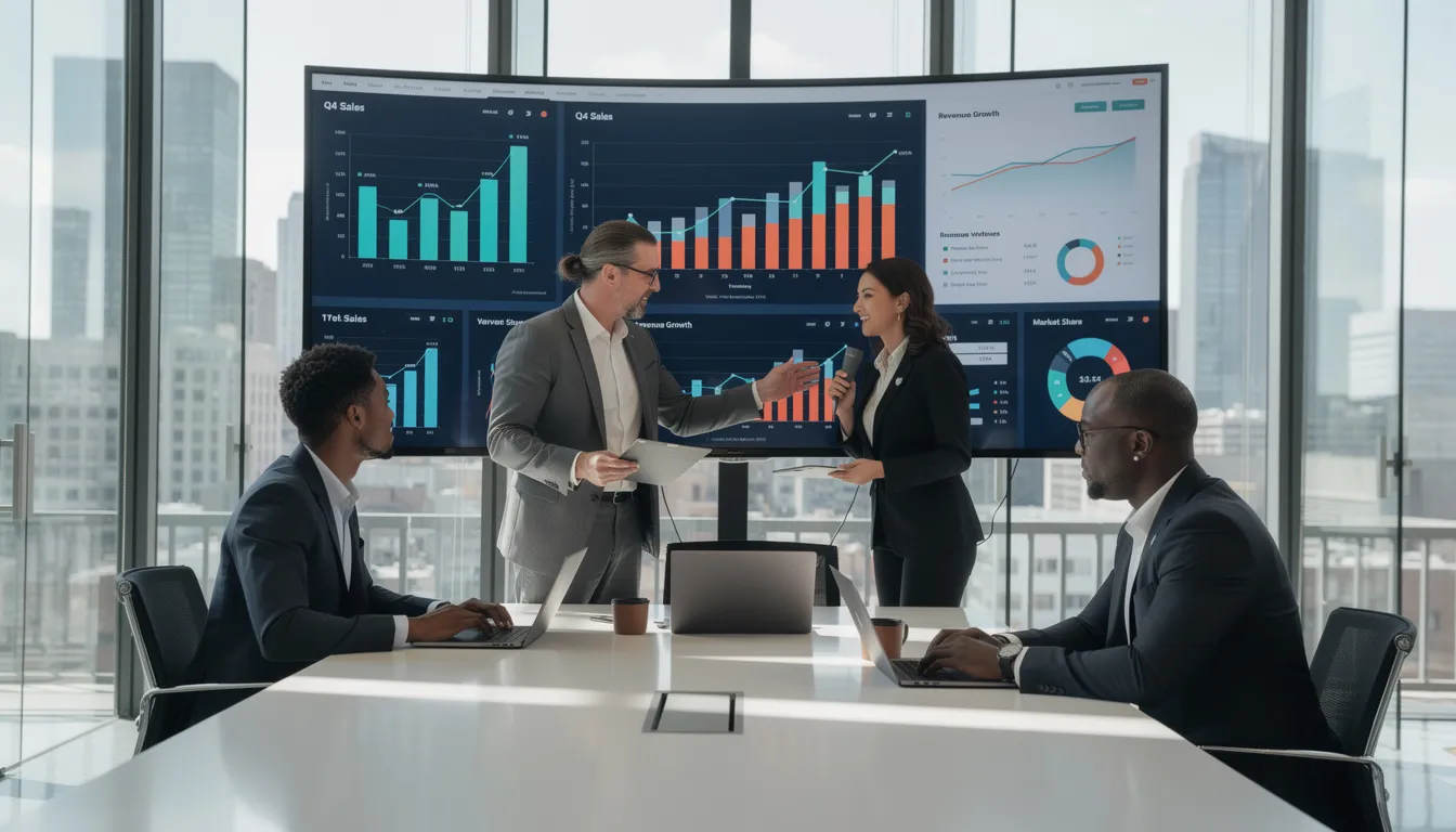 Zespół biznesowy analizuje dane sprzedażowe na kilku ekranach w nowoczesnym biurze, co może przyczynić się do zwiększenia sprzedaży i pozyskiwania nowych klientów. Współpraca w takiej atmosferze sprzyja rozwojowi kompetencji sprzedażowych i efektywnemu podejmowaniu decyzji marketingowych.
