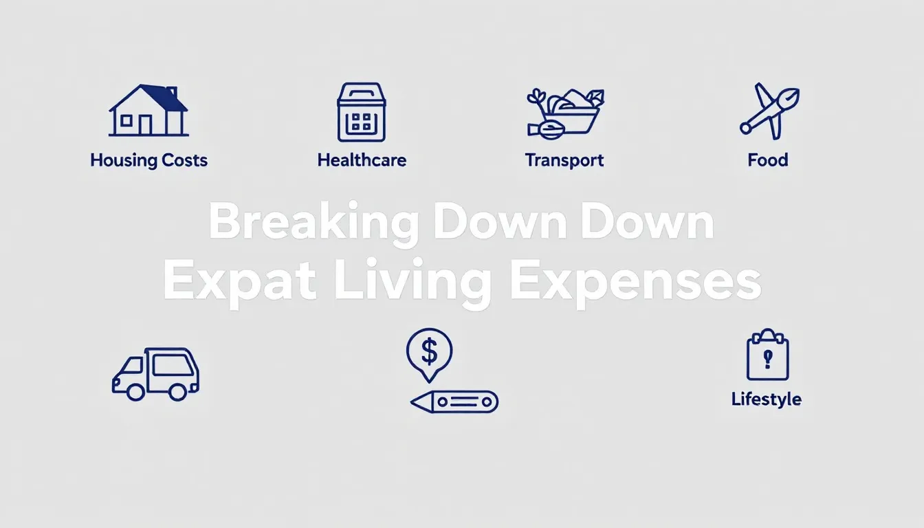 The image features a clean infographic with icons representing various expat living expenses, including housing costs, healthcare, groceries, transport, and lifestyle, each labeled accordingly. The modern flat-design style on a light background highlights the overlay text "Breaking Down Expat Living Expenses," providing a clear overview of the financial aspects of living abroad.