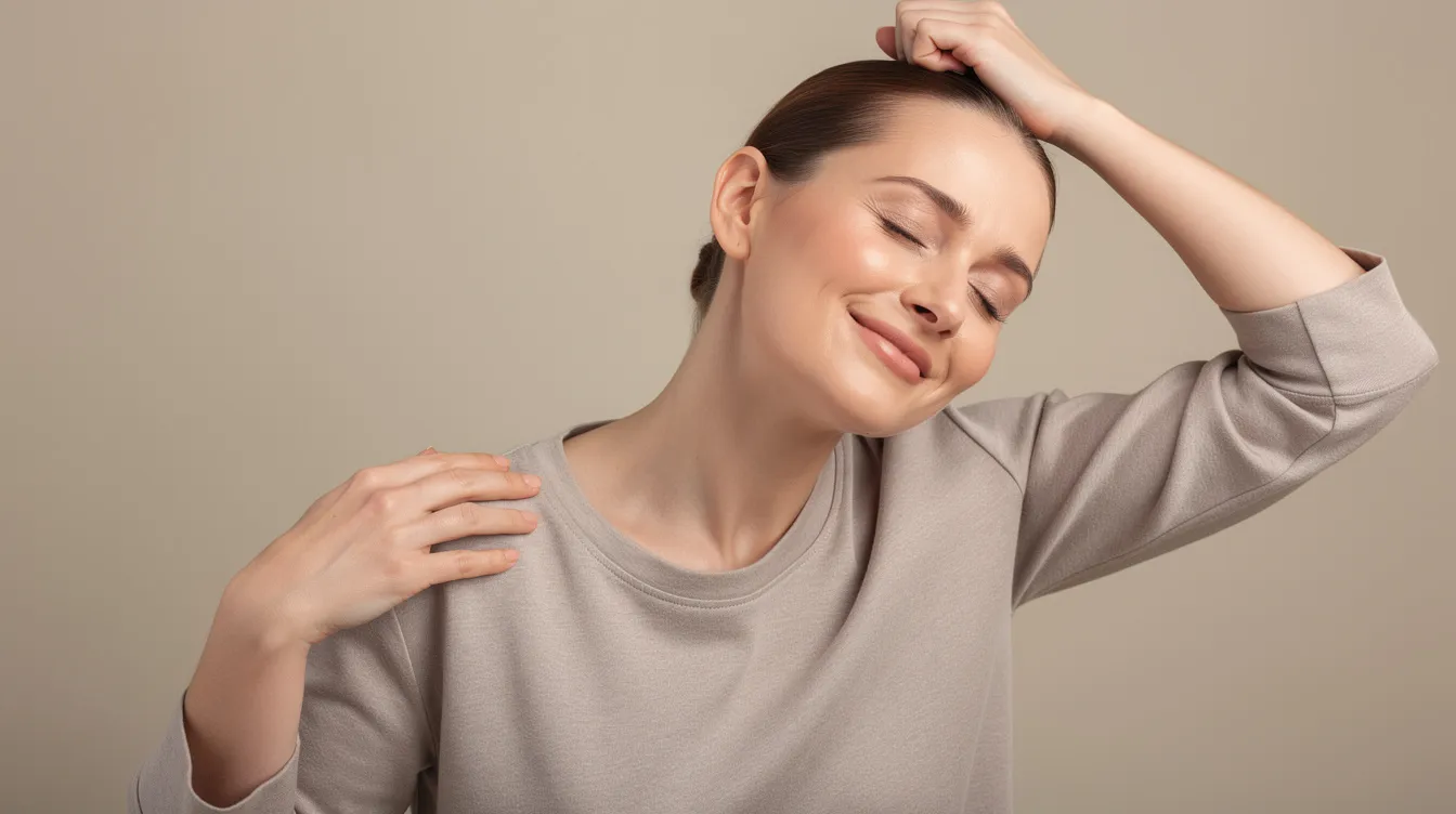 A woman is stretching her neck and shoulders, with a look of relief on her face, suggesting she has recently undergone breast implant removal surgery. This image captures the moment of comfort and relaxation after a procedure that can alleviate discomfort caused by breast implants or related issues.