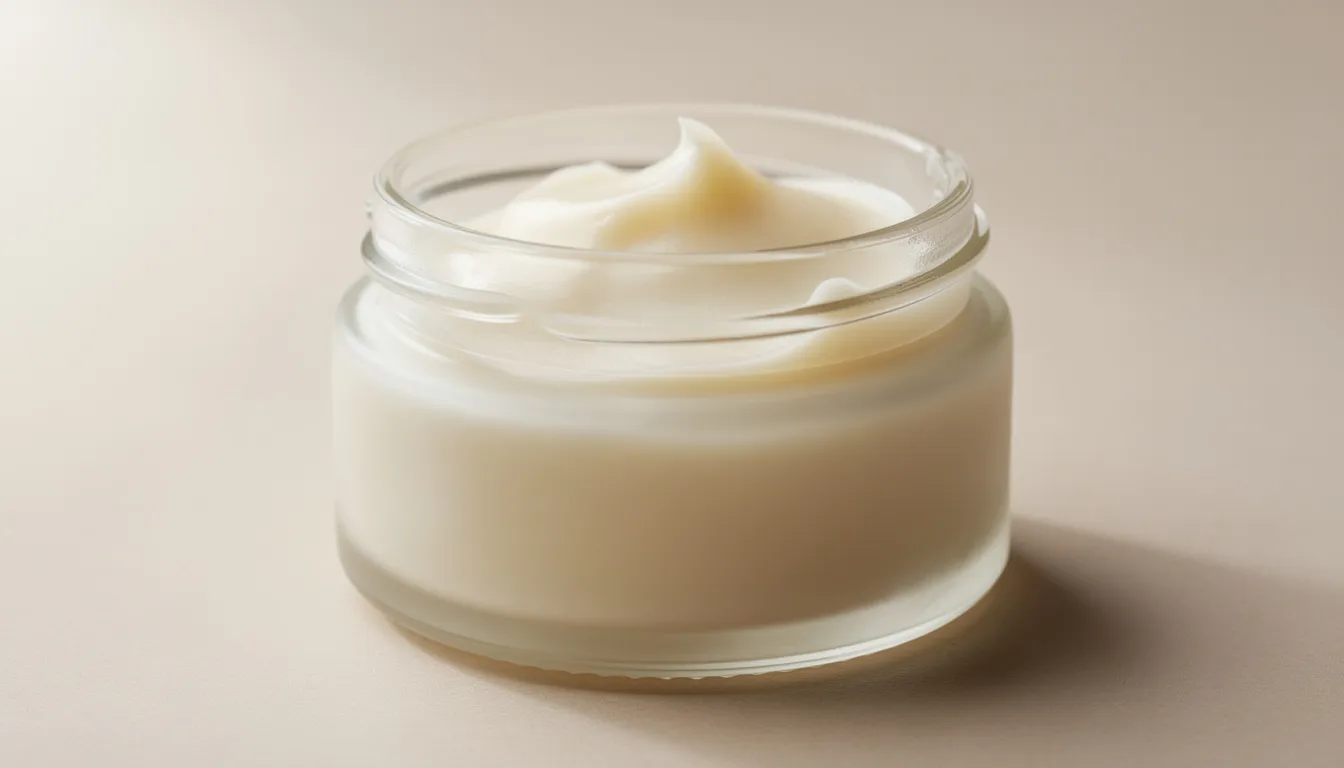 A close-up view of clean, off-white rendered beef tallow in a glass jar highlights its solid texture at room temperature, showcasing the benefits of beef tallow for cooking and skin care, including its rich profile of saturated fats and essential fatty acids. This natural fat, derived from grass-fed beef, is known for its health benefits and versatility in various culinary applications.