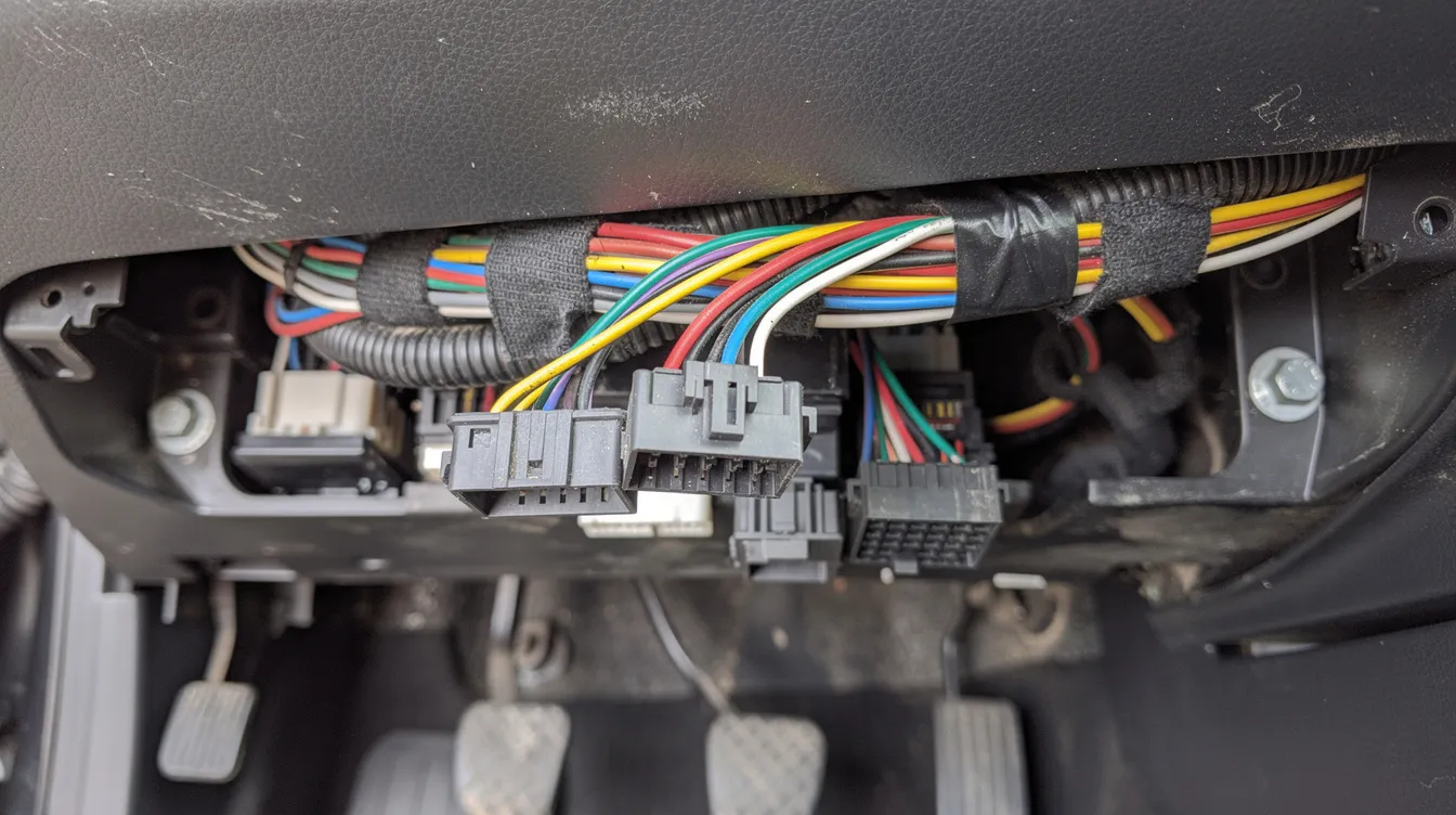The image shows a close-up view of an automotive wiring harness and various electrical connectors located under a car dashboard, highlighting the intricate network that supports the vehicle's electrical system. This area may also include connections for a GPS tracking device, emphasizing the importance of correct installation for accurate tracking and a strong GPS signal.
