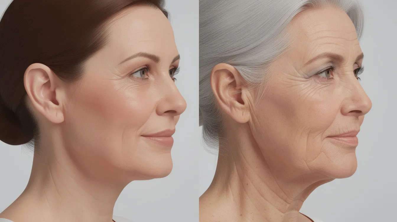 The image shows a side-by-side profile view of a woman in her 40s and a woman in her 60s, highlighting different stages of facial aging. The younger woman displays smoother skin with less laxity, while the older woman exhibits significant excess skin and deeper wrinkles, illustrating the effects of aging on skin quality and elasticity.