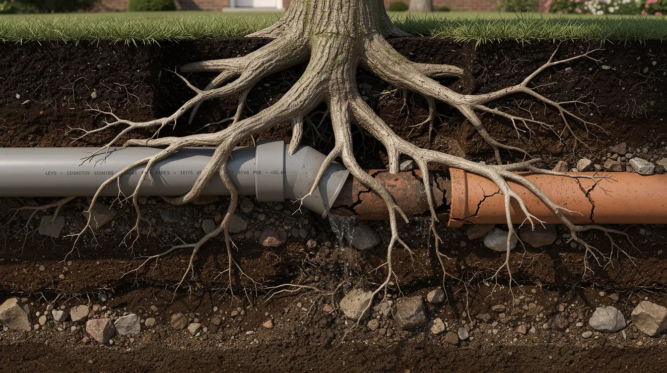 Tree roots are visibly wrapping around underground residential sewer pipes, creating a potential blockage in the plumbing system. This root intrusion can lead to multiple clogged drains and may require professional drain cleaning services to restore proper flow and prevent costly repairs.