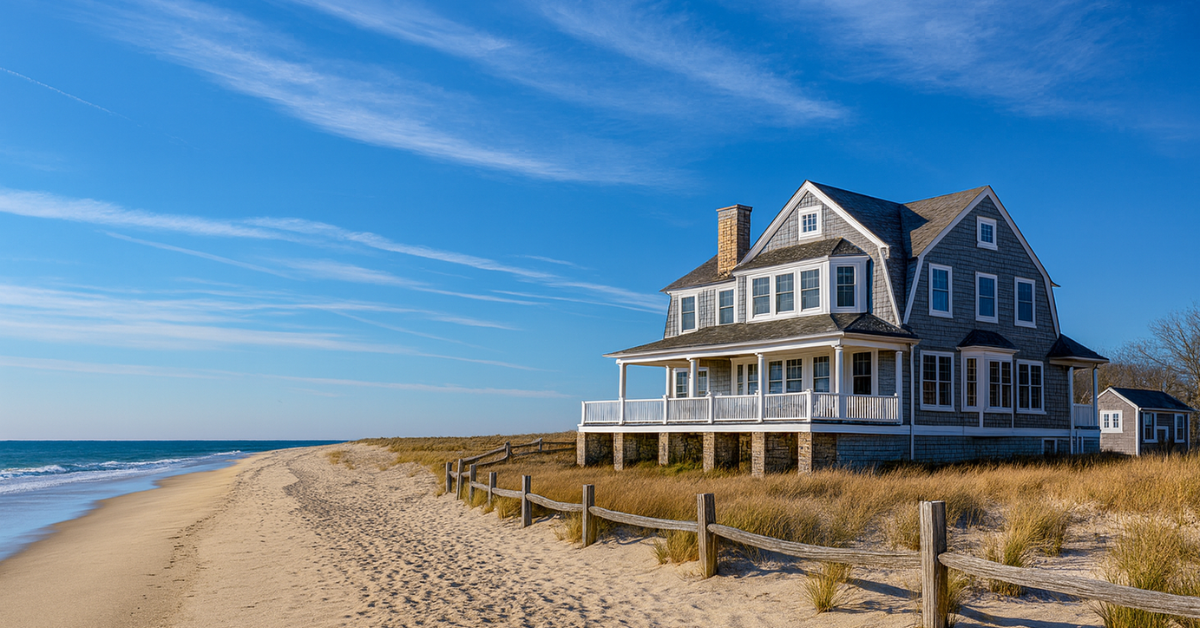 Nantucket-style beachfront home in Mantoloking NJ overlooking a long sandy beach with coastal grasses and a clear blue sky.