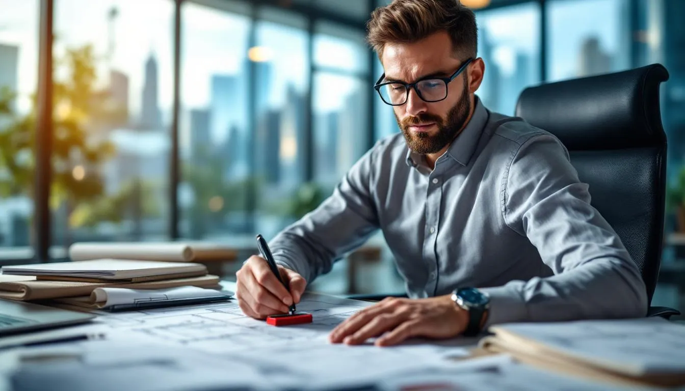 A licensed architect is seen stamping and signing official building documents at a professional desk, symbolizing the completion of essential steps in the architectural practice, including meeting the education, experience, and examination requirements for obtaining an architecture license. The setting reflects the importance of adhering to national standards and client expectations in project development.
