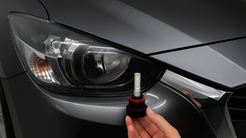 A professional is installing Bi-LED headlight in a car