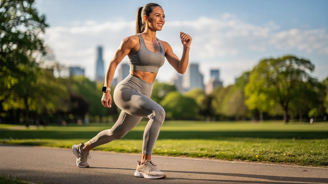 The image shows a healthy and confident woman exercising outdoors in athletic clothing, embodying a vibrant and active lifestyle. Her posture reflects strength and determination, emphasizing the importance of maintaining a healthy weight and appearance, which can be beneficial for women considering procedures like breast lift surgery or breast augmentation.