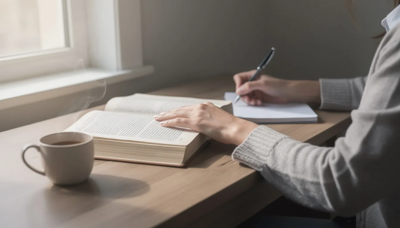 A person is seated at a desk, surrounded by an open book and a notebook, with a coffee cup nearby, studying under natural light. This scene captures the essence of preparing for the Australian citizenship test, emphasizing the importance of knowledge about Australian history, values, and government.