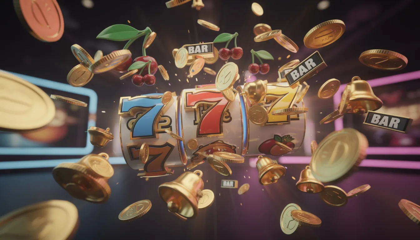 Bildbeskrivning: I bilden syns färgglada spelautomatsymboler och mynt som svävar genom luften, vilket skapar en känsla av spänning och underhållning kopplat till casinospel. Dessa symboler kan associeras med bonusar och free spins utan omsättningskrav, vilket lockar spelare att delta i det roliga.