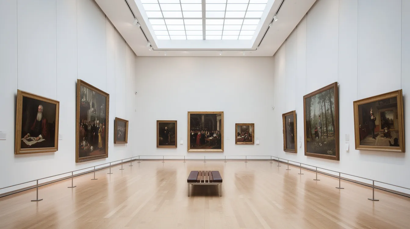 The image depicts a museum gallery interior featuring large framed paintings displayed on pristine white walls, showcasing a variety of artworks that may include pieces by renowned Australian artists like Tom Roberts and Grace Cossington Smith. The space is designed to highlight the beauty of Australian art and its diverse styles, inviting visitors to appreciate the rich cultural heritage of the country.