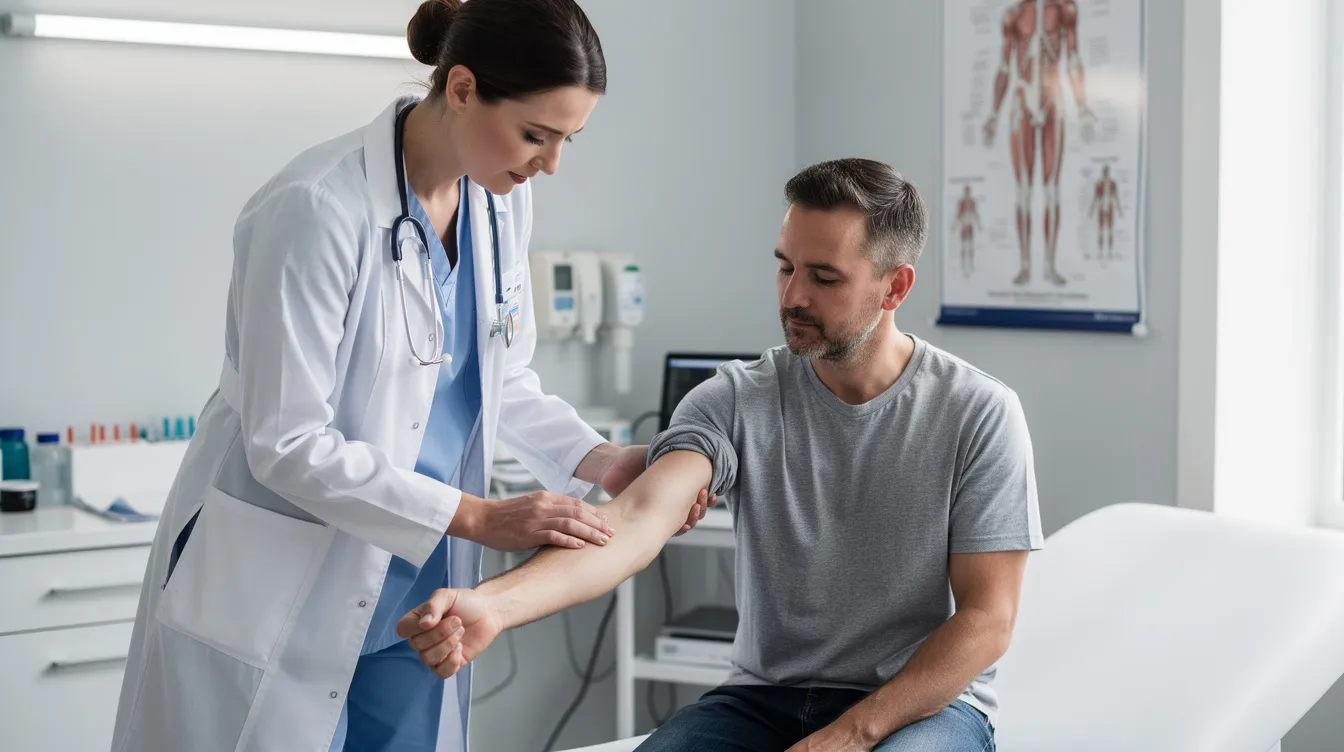 A medical professional is examining a patient's arm in an urgent care facility, focusing on assessing any potential injuries or symptoms. This scene highlights the importance of accurate medical treatment and the duty of care that healthcare providers have towards their patients.