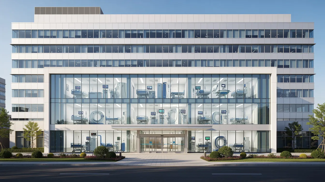 ab02a2fe 66d4 4bb4 9433 5b52316e1705 The image depicts a modern hospital building featuring glass windows that showcase advanced medical equipment, symbolizing a comprehensive cancer center dedicated to enhancing patient care and outcomes. The clear sky above adds to the bright and hopeful atmosphere of the facility, which embodies the future growth of oncology services and cancer treatment.