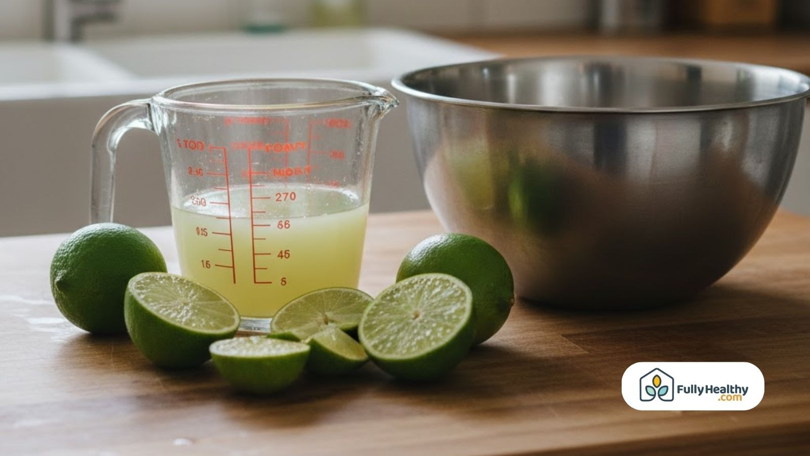 Measuring cup of lime juice with whole and cut limes beside a metal bowl.