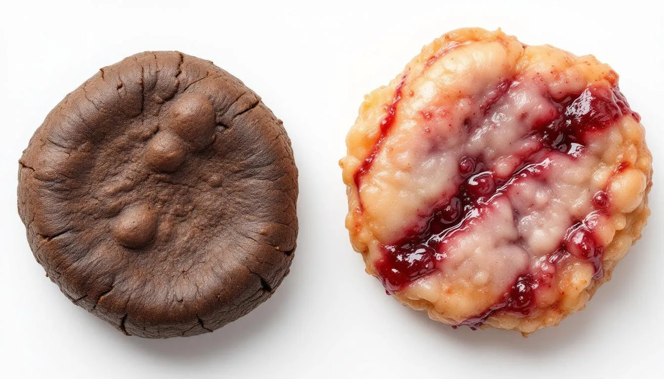 A close-up comparison displays two types of dog stool: on one side, normal stool, and on the other, stool with bright red blood and mucus, indicating possible colitis in dogs. This image illustrates the clinical signs associated with inflammatory bowel disease, highlighting the importance of veterinary evaluation for symptoms like diarrhea and weight loss.