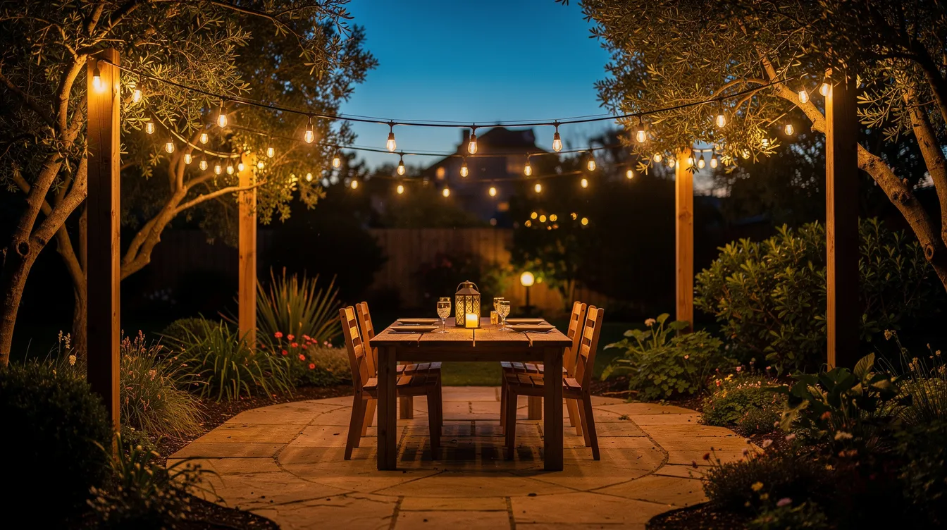 A cozy backyard patio at dusk is illuminated by warm outdoor string lights hung between wooden posts and trees, creating a magical canopy effect over a beautifully set dining table. This inviting scene enhances the outdoor space, making it perfect for evening gatherings and events.