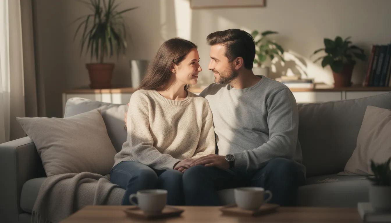 Ett par sitter tillsammans i en lugn miljö och pratar engagerat med varandra. De verkar diskutera viktiga ämnen, kanske relaterade till graviditet och fosterdiagnostik, som KUB-testet och sannolikheten för kromosomavvikelser hos fostret.