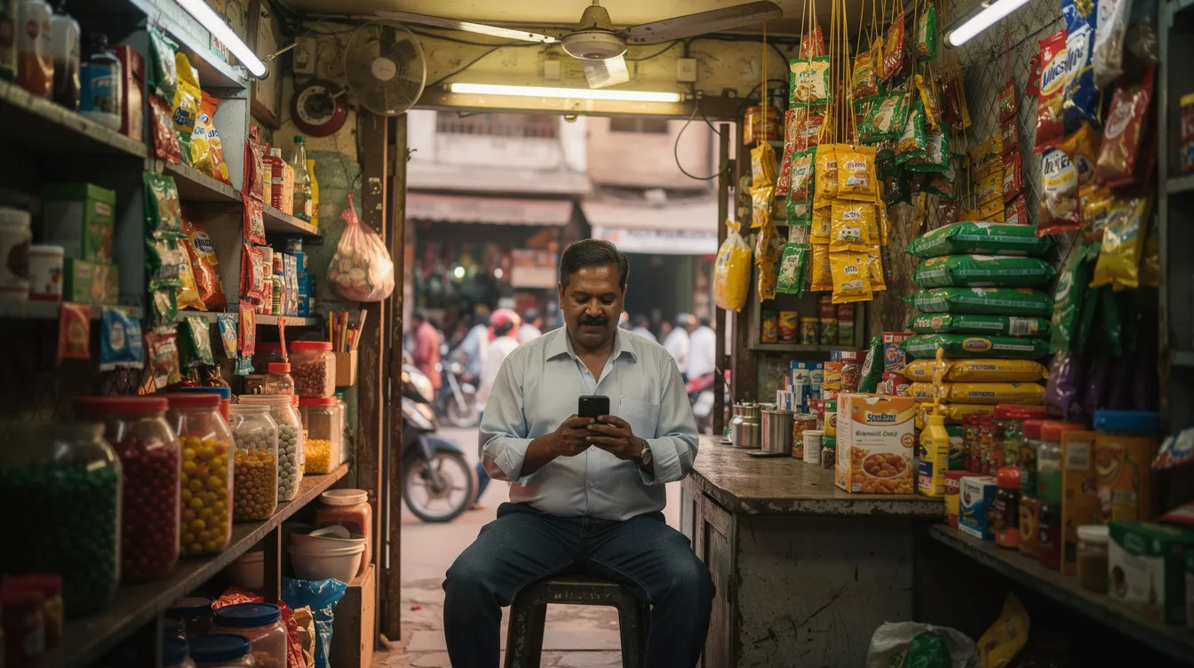 A small business owner in India is seated in their shop, intently looking at a mobile phone, possibly checking details related to their business loans or the loan process. The scene reflects the entrepreneurial spirit and the importance of financial institutions in supporting micro enterprises and cash flow management.