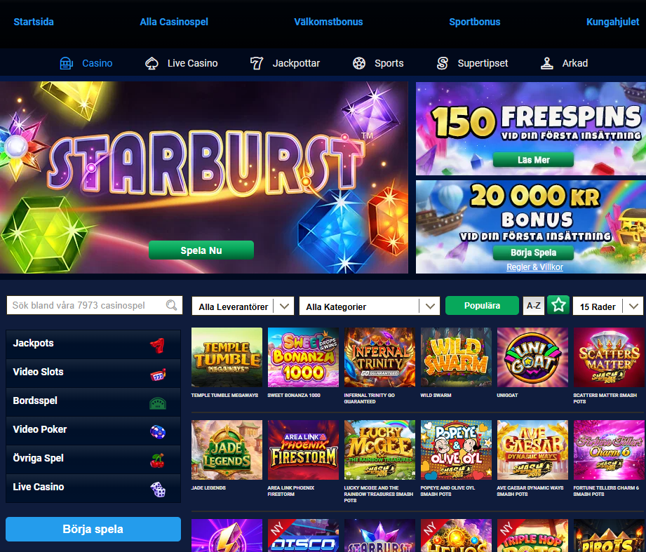Slots hos Kungaslottet Casino med populära spelautomater och kategorier för att sortera det stora spelutbudet.