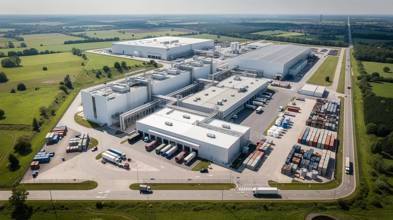 An aerial view of a modern industrial manufacturing complex showcases multiple processing buildings and storage facilities, all set against a backdrop of lush green landscape. This facility is likely involved in the production processes for key raw materials like dextrose monohydrate, serving various sectors including the food and beverage industry and pharmaceutical applications.