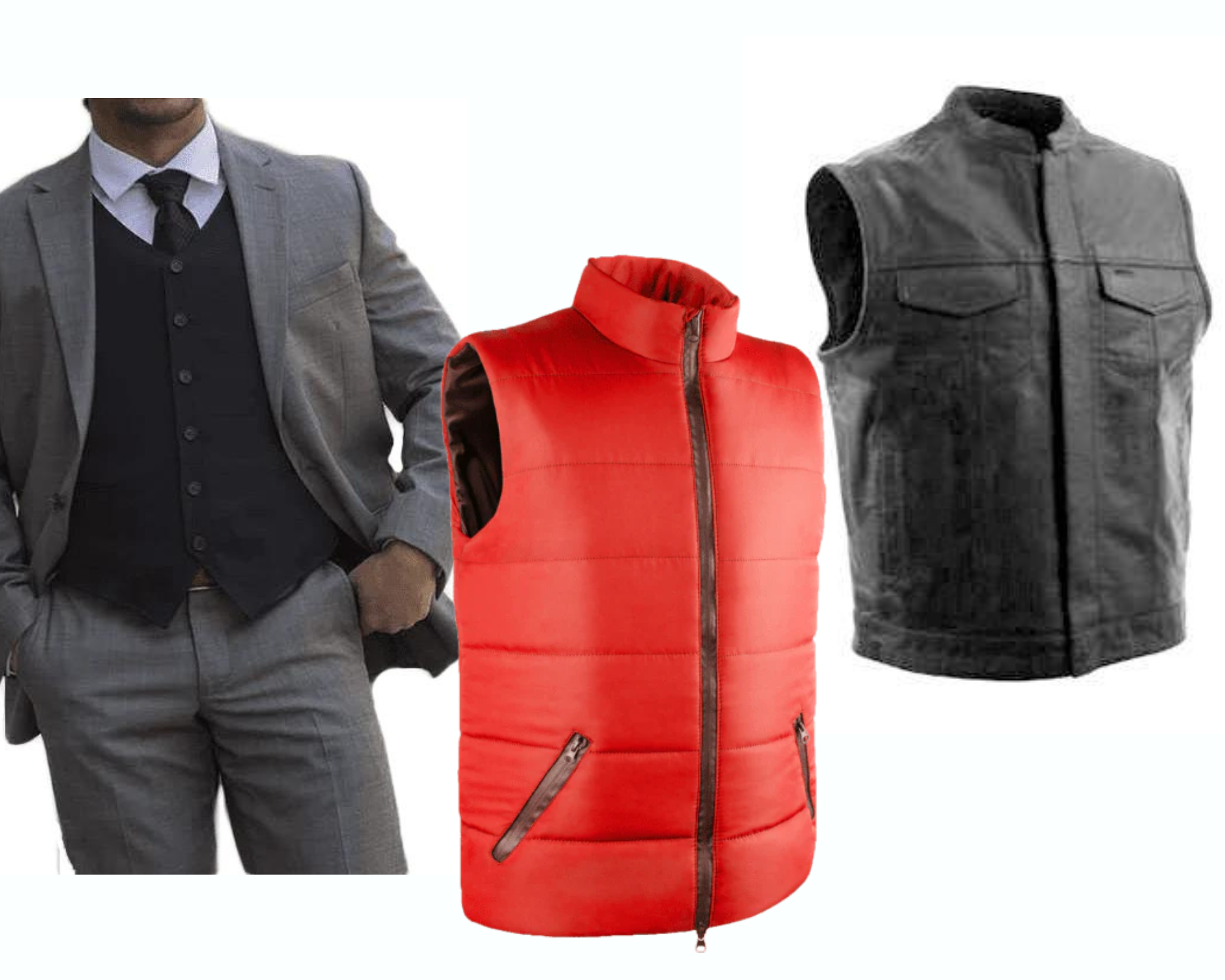 dress vest, puffer vest, and biker vest