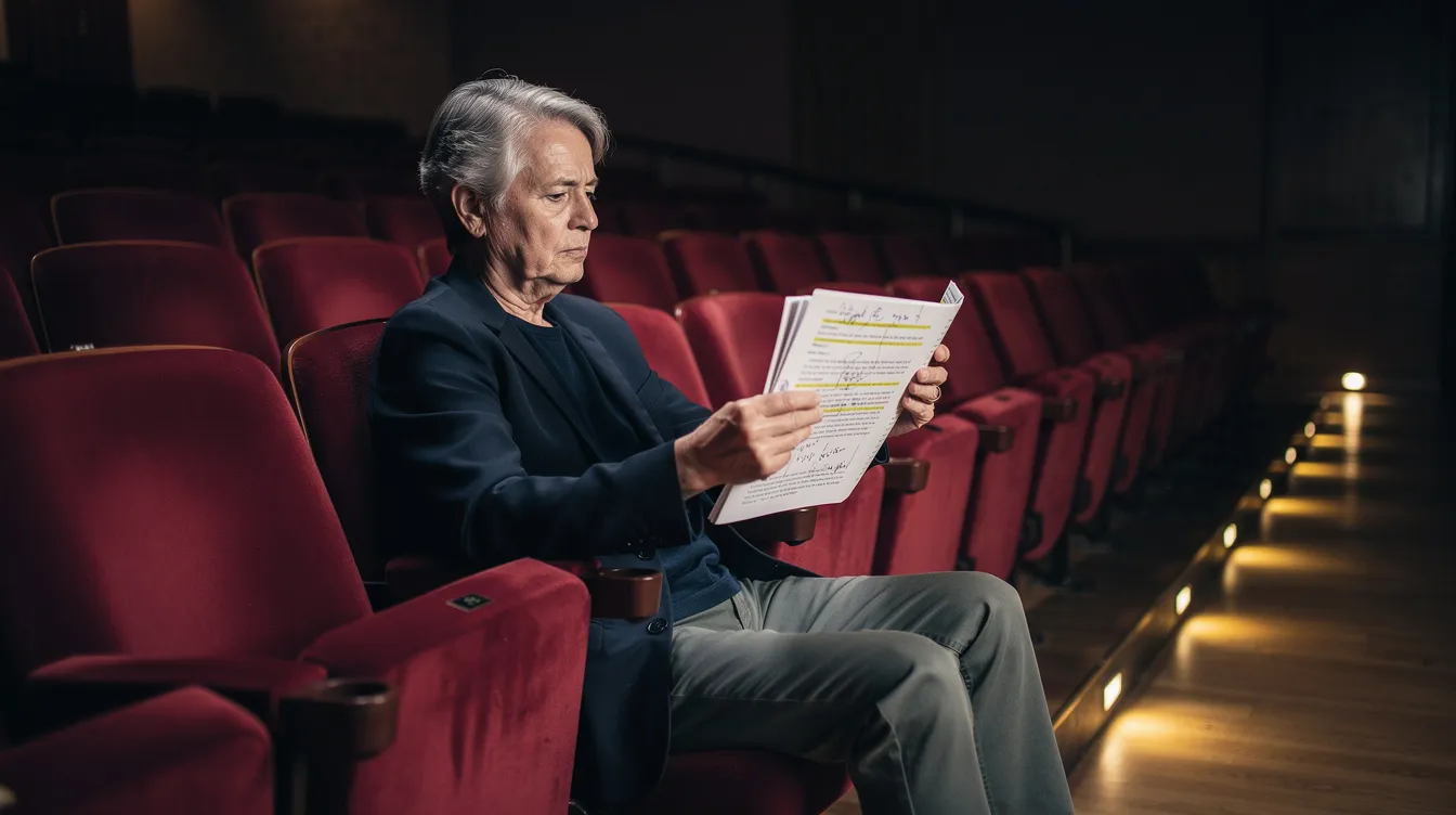 An older adult sits in a theater auditorium, intently reviewing a script, embodying the spirit of community theater. This scene highlights the involvement of senior actors in local theater productions, showcasing their passion for storytelling and the arts.