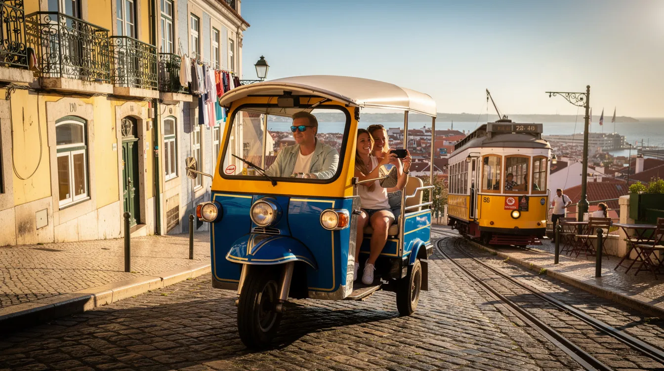 Um tuk-tuk percorre as ruas de Lisboa, passando por pontos turísticos como o Mosteiro dos Jerónimos e a Praça do Comércio, com vista para o Rio Tejo. A cena captura a essência da cidade, com suas colinas, arquitetura portuguesa e a vibrante cultura do Bairro Alto.