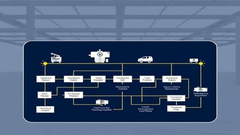 Factory workflow diagram with automation stations