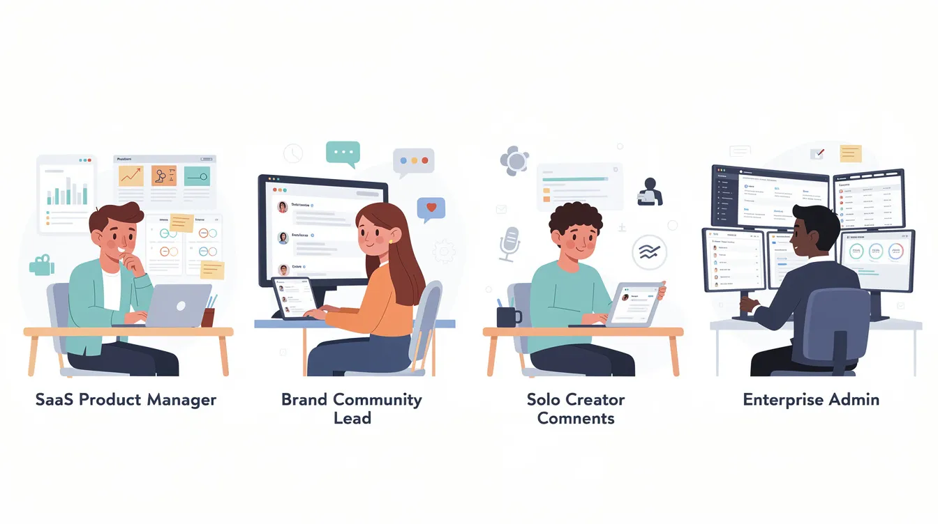 The image features a flat illustration of four professional personas: a SaaS product manager, a brand community lead, a solo creator, and an enterprise admin, all engaged in evaluating various community tools. They are discussing aspects of community building and customer engagement on a community platform, highlighting the importance of user engagement and collaboration within an online community.