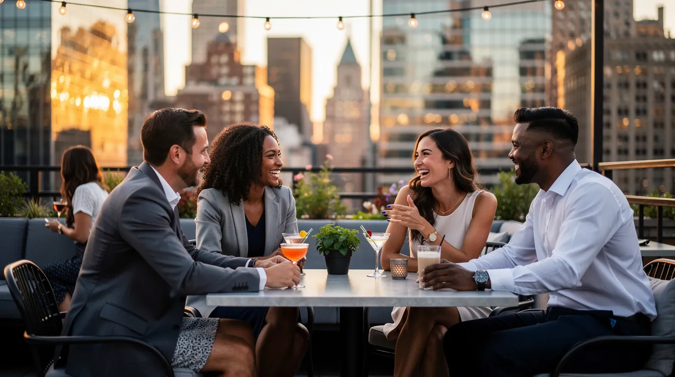 The image depicts a bustling New York City scene where young professionals are engaged in conversations at a trendy café, showcasing the modern dating scene. This vibrant atmosphere reflects the ambition and career-focused lifestyle of busy professionals seeking meaningful relationships amidst the city's dynamic social circle.