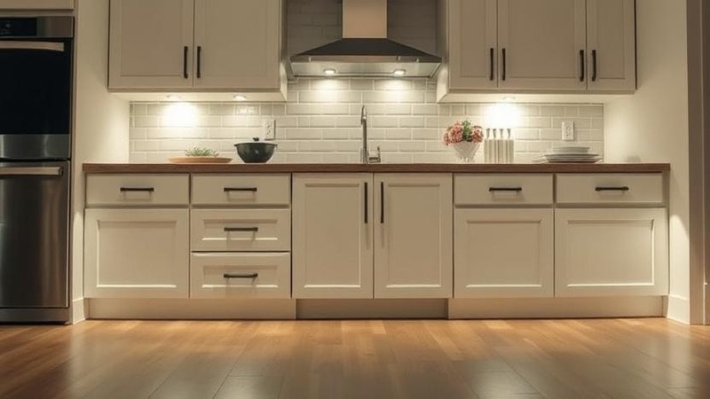 Toe kick lights in a kitchen near the lower cabinets of the kitchen