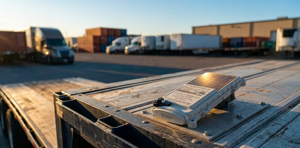 Solar GPS tracker mounted on flatbed trailer roof with integrated solar panel charging in direct sunlight at a fleet logistics yard
