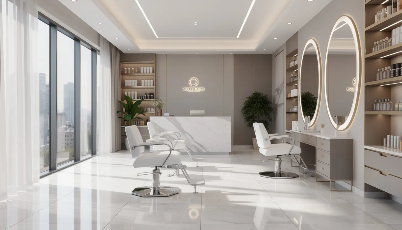 Na obrazku przedstawione jest eleganckie wnętrze nowoczesnego salonu kosmetycznego, gdzie można skorzystać z zabiegów estetycznych, takich jak podanie kwasu polimlekowego, który stymuluje produkcję kolagenu i elastyny, poprawiając jędrność skóry oraz zapewniając naturalny lifting. Wnętrze emanuje spokojem, z delikatnym oświetleniem i stylowymi meblami, które tworzą przyjemną atmosferę dla klientów.