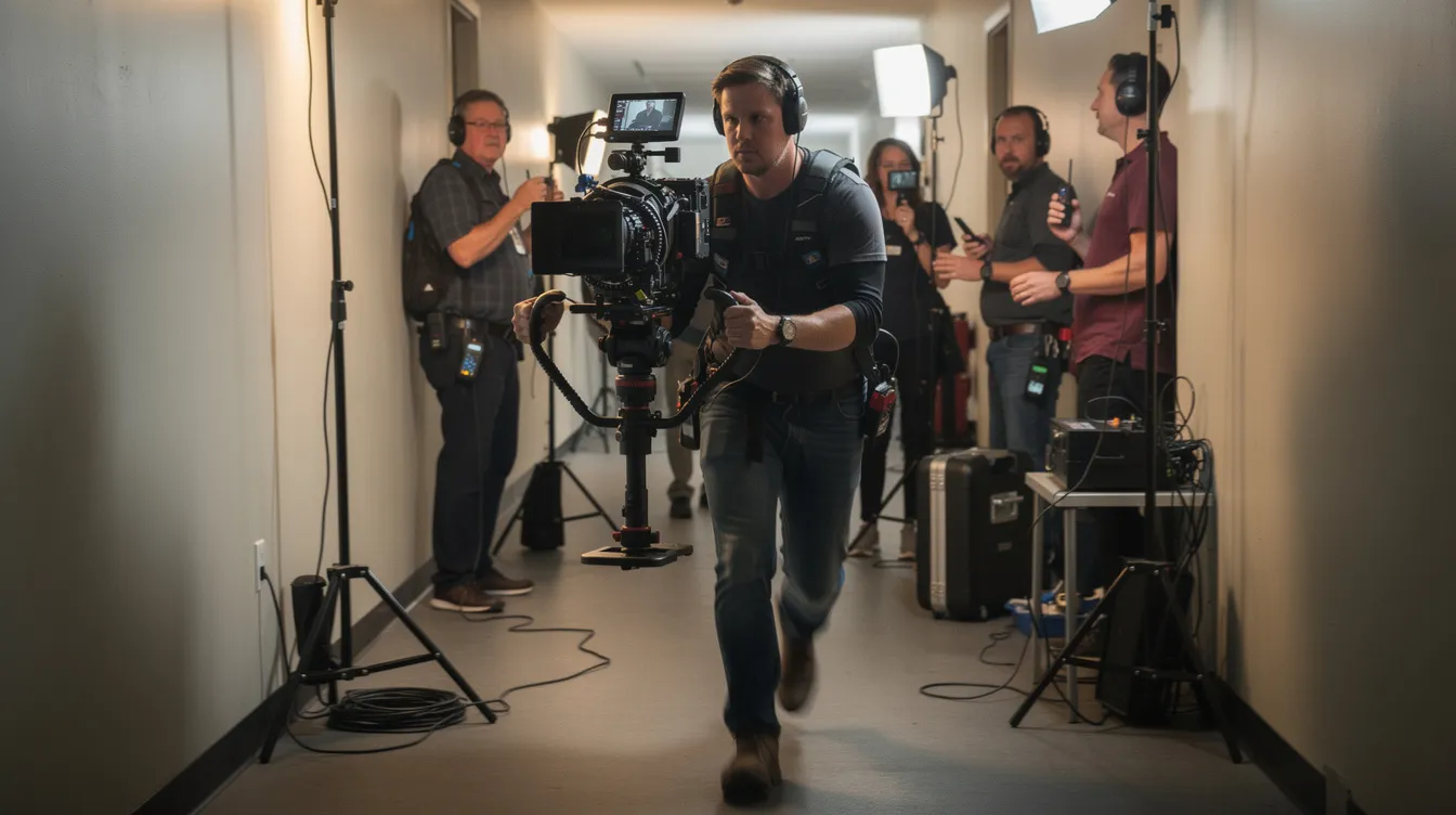 Ein Kameraoperator mit einem Steadicam-Rig läuft durch einen engen Flur, während im Hintergrund Crew-Mitglieder mit Kopfhörern beschäftigt sind. Die Szene vermittelt das Gefühl eines dynamischen Filmsets in Hamburg Altona, umgeben von der Atmosphäre einer Kaffeerösterei.