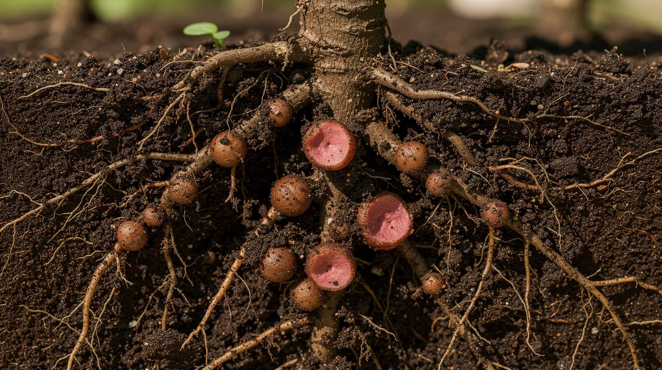 A close-up view of tree roots reveals small round nodules attached, indicating active nitrogen fixation. These nodules, formed by nitrogen fixing bacteria, play a crucial role in improving soil fertility by turning atmospheric nitrogen into a usable form for plant growth.