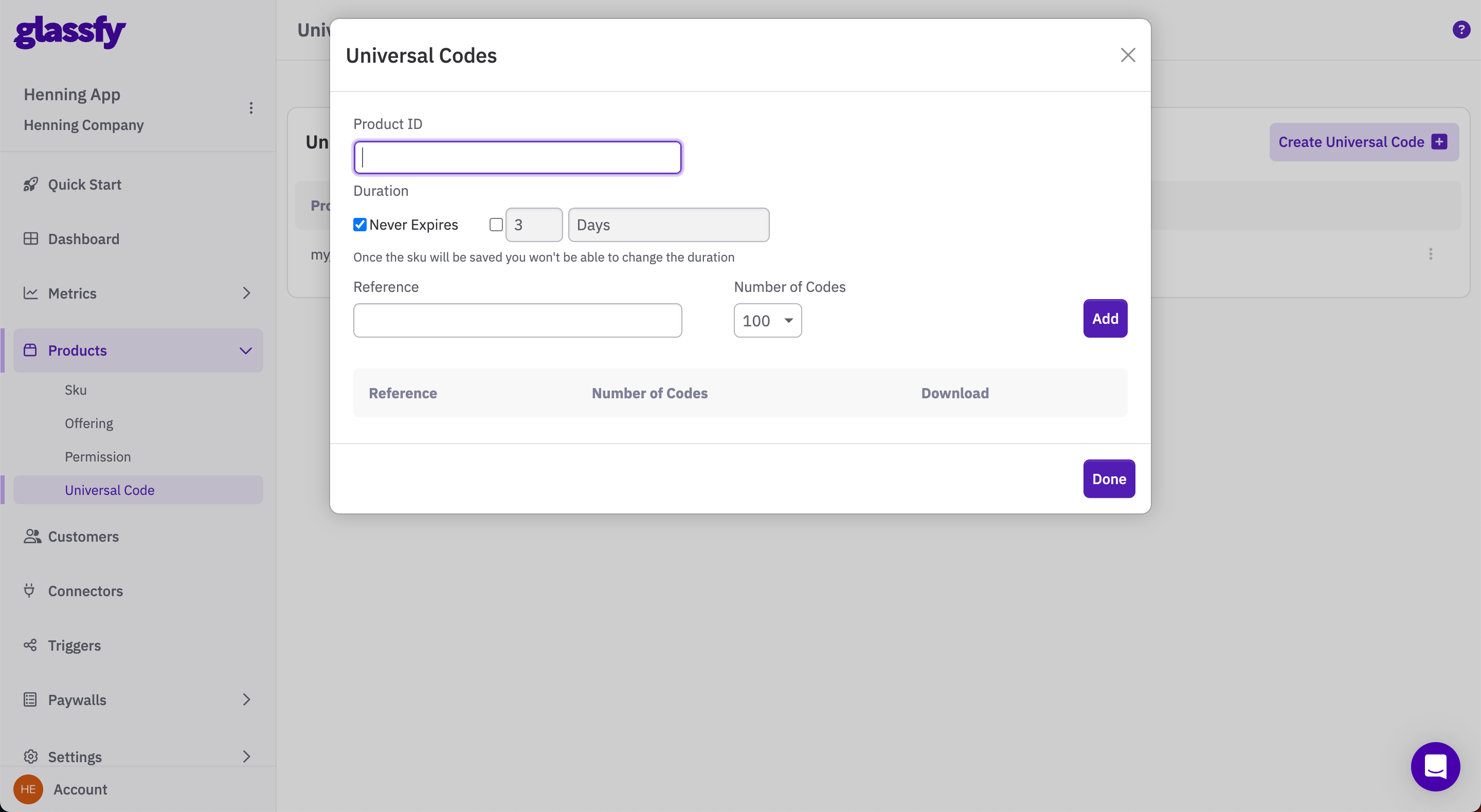 Glassfy universal codes