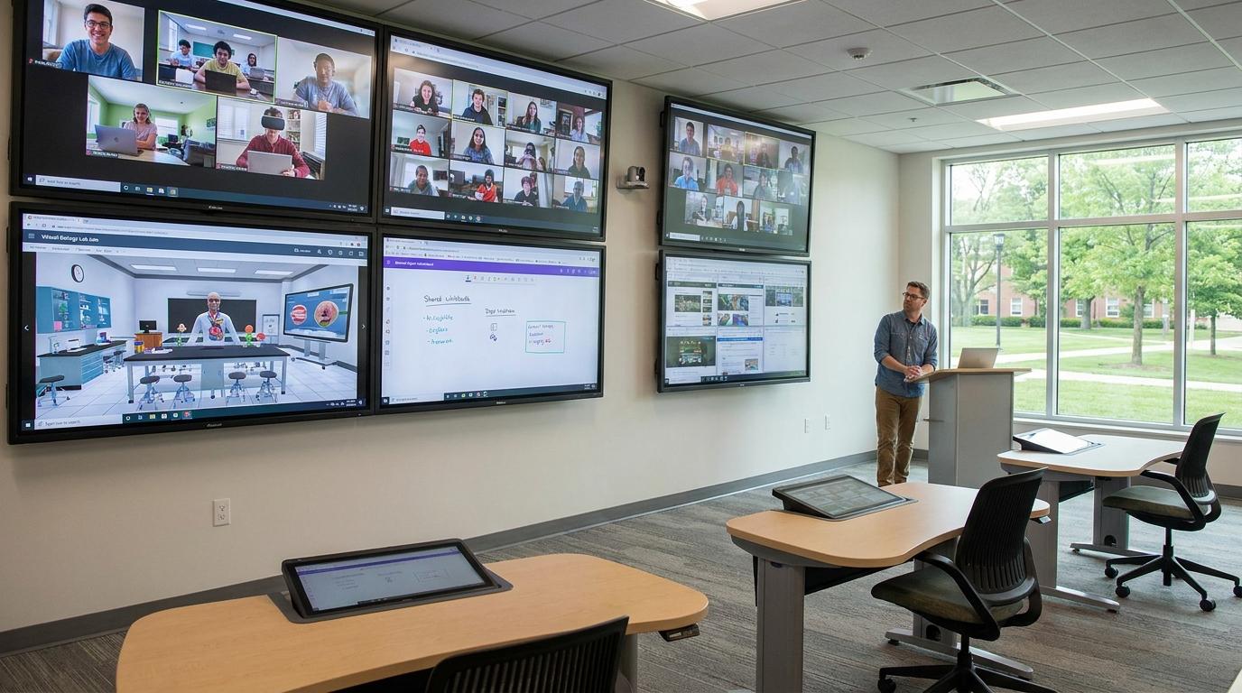 Modern digital classroom featuring remote learners interacting with virtual labs, collaborative workspaces, and browser-based desktops from different devices and locations.