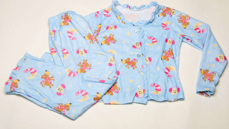 A blue Pima cotton pajama set with teddy bears on it