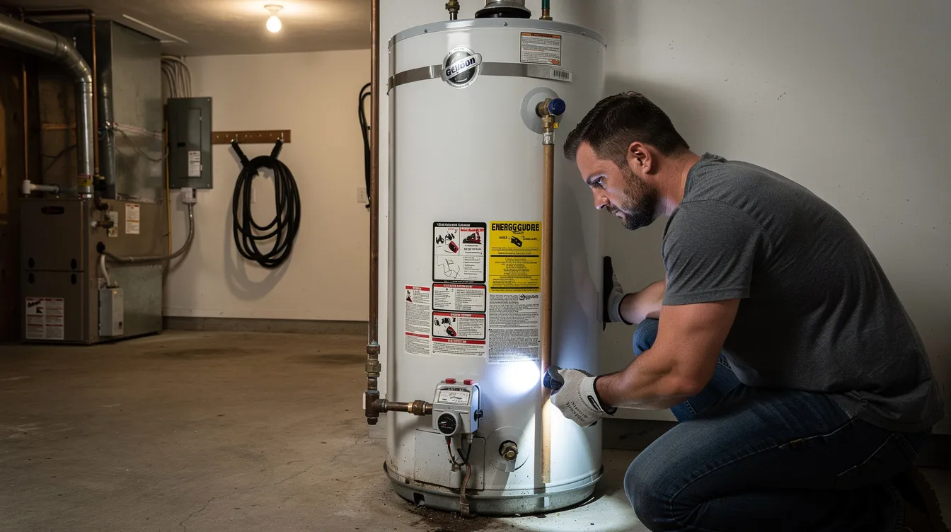 A homeowner is inspecting a water heater tank in a residential utility room, checking for any plumbing issues or signs of leaks. The scene highlights the importance of regular maintenance and reliable repairs to ensure the efficiency of the home's plumbing system.