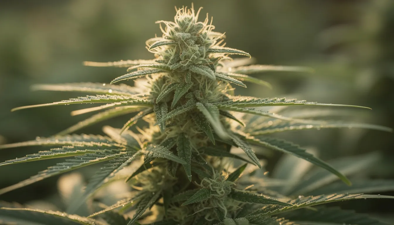 The close-up shows a hemp plant with magnificent blossoms glowing in the natural light. The details of the flowers and leaves are clearly visible, highlighting the properties and quality of the hemp plant used for products like h4cbd and CBD oil.