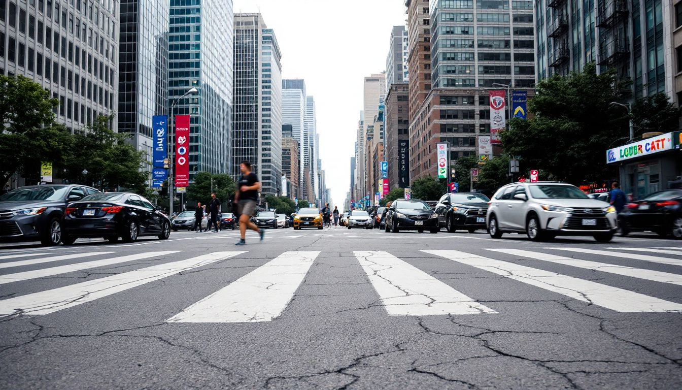 An unmarked crosswalk at a busy intersection.