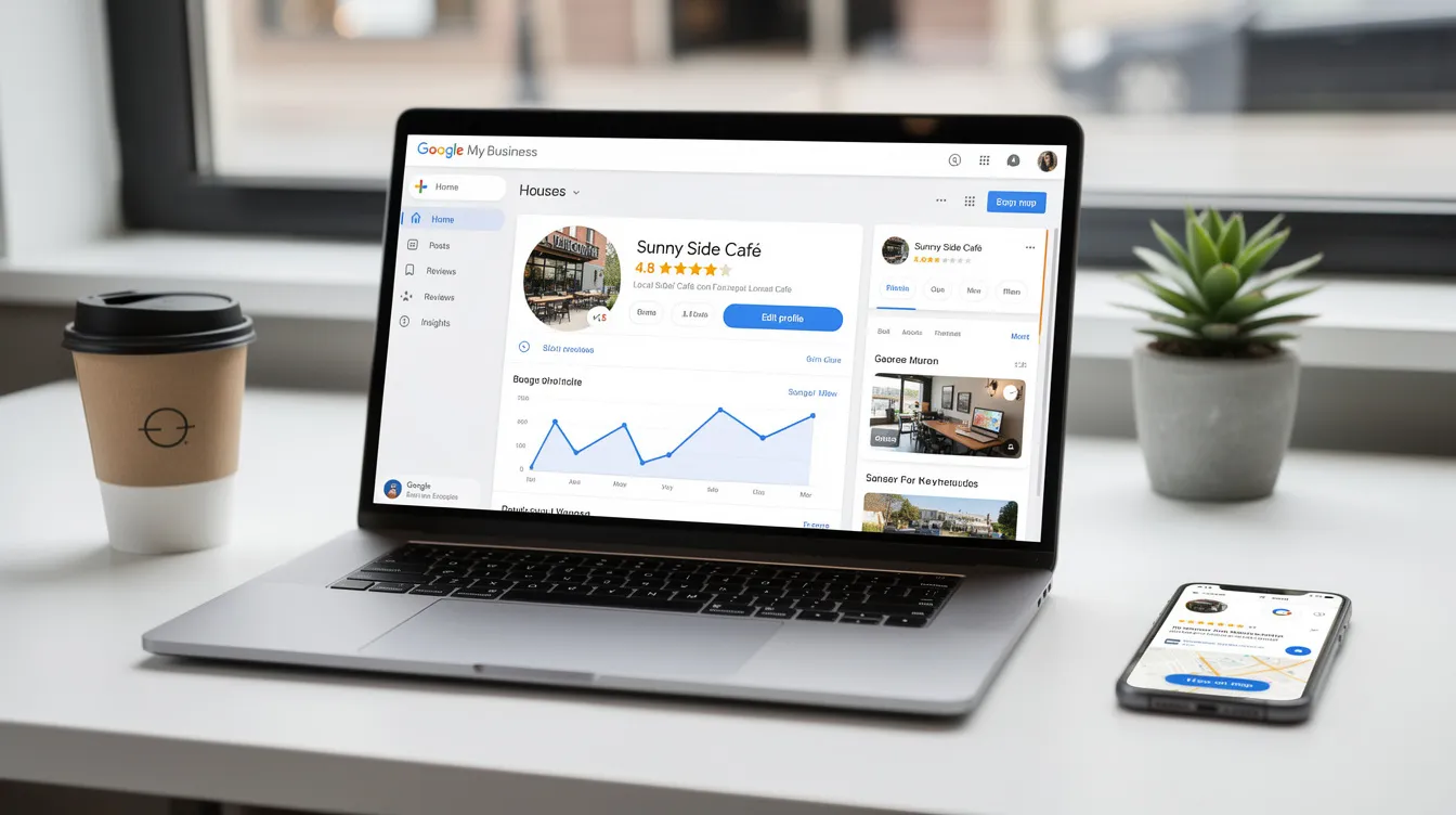 The image showcases a computer screen displaying a Google Business Profile dashboard, highlighting features like business hours, customer reviews, and the option to post updates. This tool helps business owners manage their online presence, improve visibility in Google search results, and attract new customers through effective local SEO strategies.