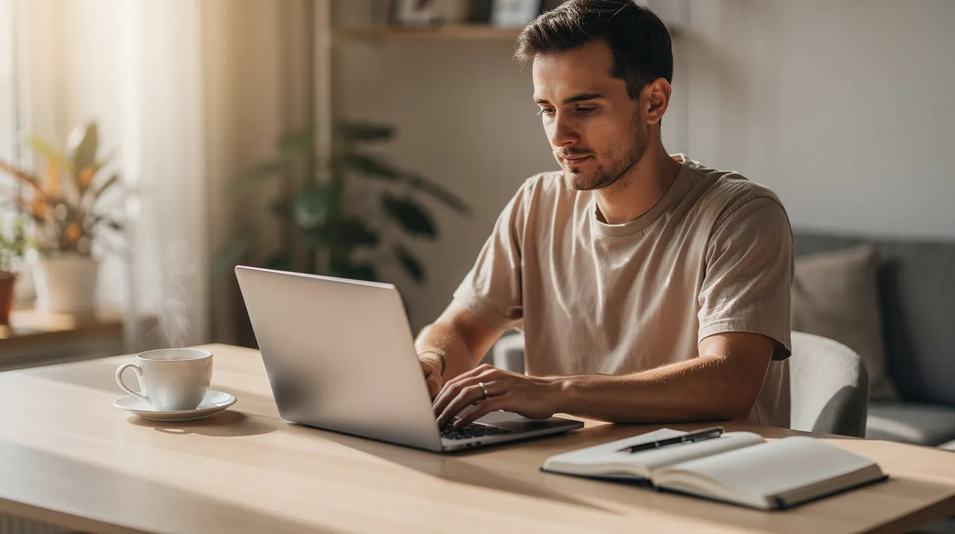 A freelancer is focused on their laptop at a tidy home desk, accompanied by a coffee cup and a notebook, creating a productive workspace. This scene emphasizes a comfortable environment for working, which can be ideal for managing tasks like applying for a 私人 貸款 or calculating 每月 還款 額.