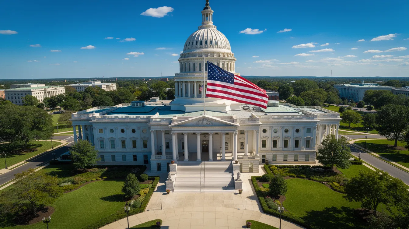 An overhead view of a legislative building, adorned with an American flag fluttering in the breeze on a bright sunny day, captures the essence of governance and public property. This scene reflects the importance of legal discussions surrounding hemp derived products and thca legality in Wisconsin.