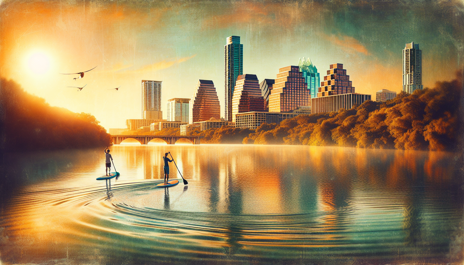Paddleboarders on Lady Bird Lake with the Austin skyline in the distance, showcasing the urban oasis